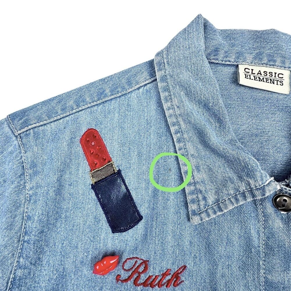 Vintage Avon Denim Button Up Shirt Women S Blue Cosmetics Makeup Retro Ruth - Picture 11 of 15